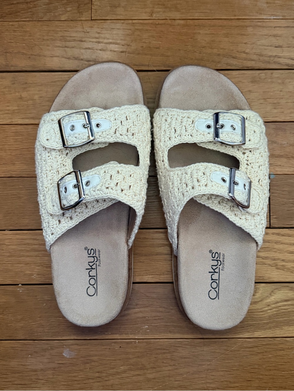 Corkys Cream Crochet Double-Buckle Slide Sandals